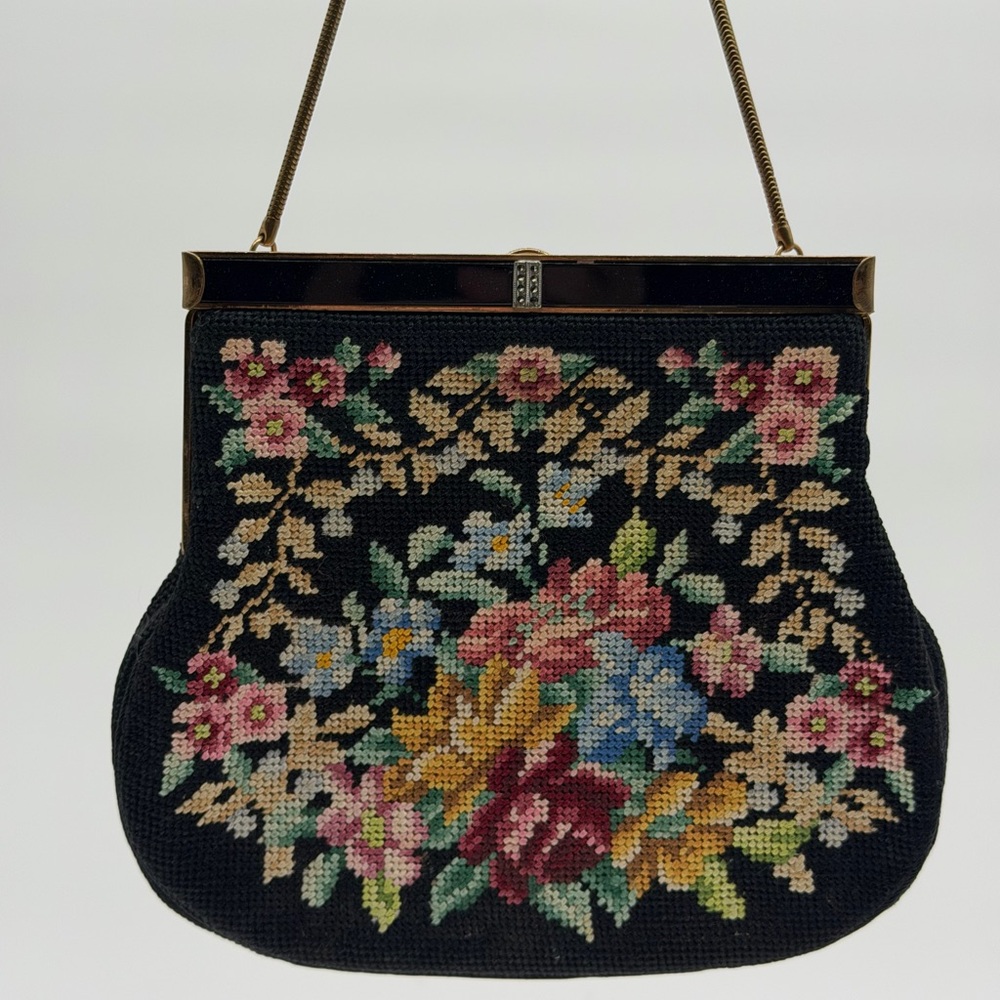 Vintage Floral Embroidered Black Handbag
